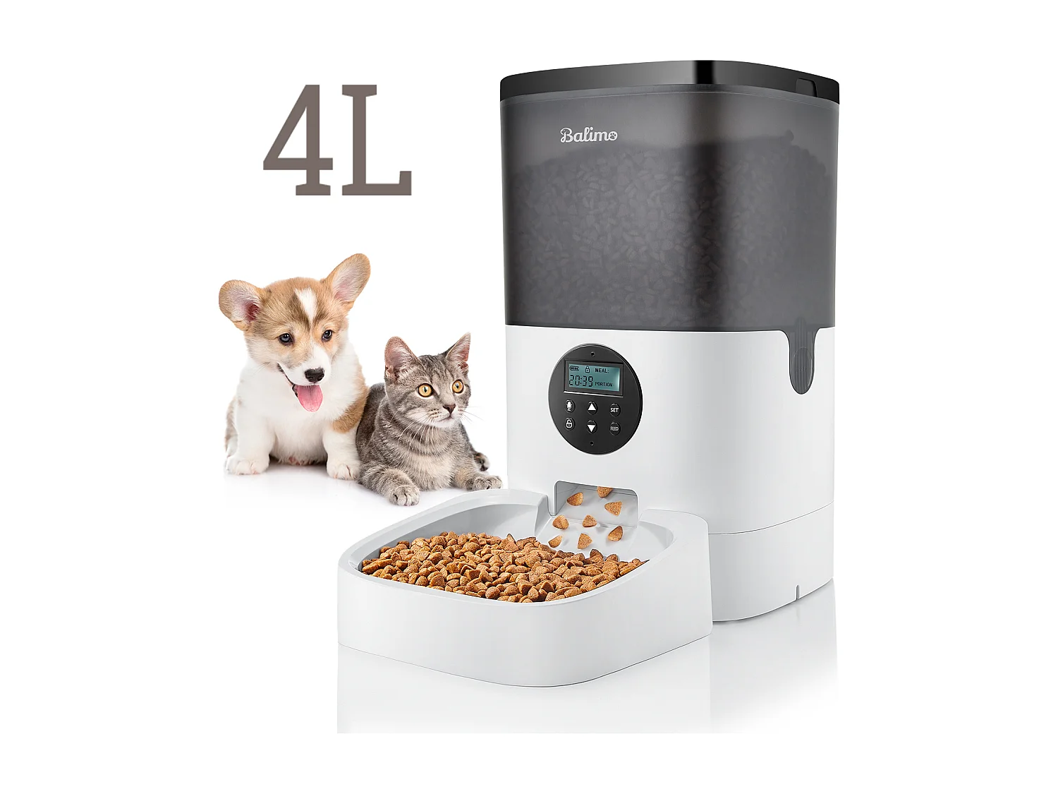 LCD Droogvoerdispenser 4L Balimo Katten/Honden AutomaatProgrammeerbare Voedsel 4 Maaltijden/Dag Recorder 10s Vocal, Zwart Wit