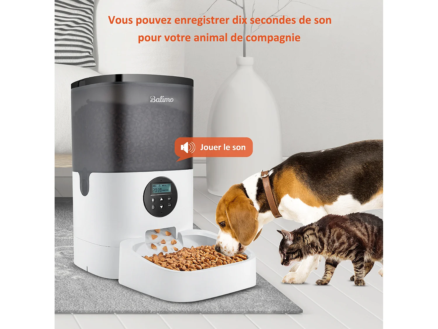 LCD Droogvoerdispenser 4L Balimo Katten/Honden AutomaatProgrammeerbare Voedsel 4 Maaltijden/Dag Recorder 10s Vocal, Zwart Wit