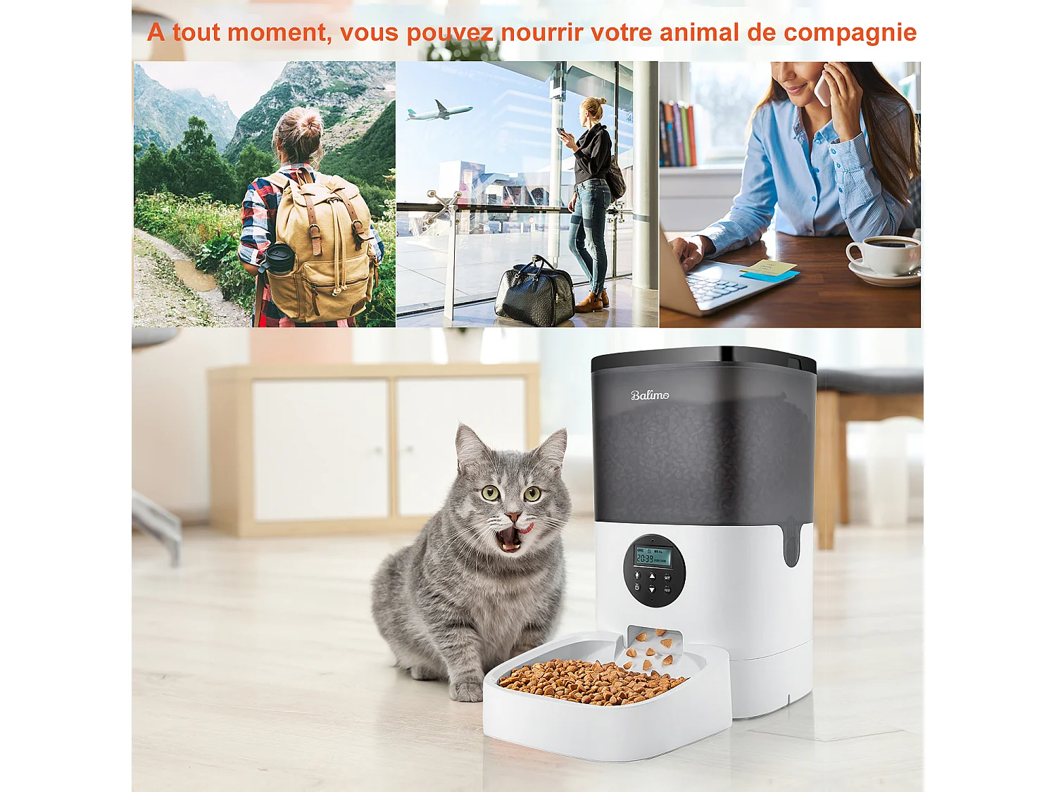 LCD Droogvoerdispenser 4L Balimo Katten/Honden AutomaatProgrammeerbare Voedsel 4 Maaltijden/Dag Recorder 10s Vocal, Zwart Wit