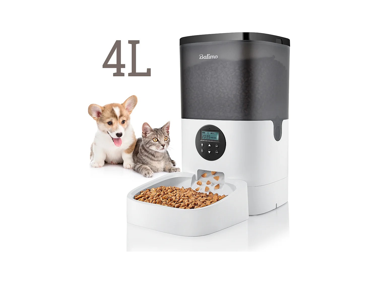 LCD Distributeur Croquettes 4L Balimo Chats/Chiens Distributeur Automatique de Nourriture Programmable 4 Repas/Jour Enregistreur 10s Vocal,Noir Blanc