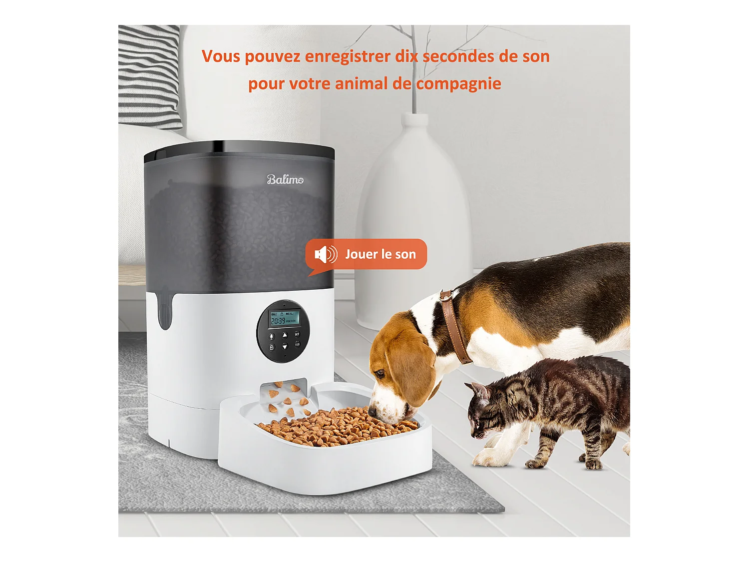 LCD Distributeur Croquettes 4L Balimo Chats/Chiens Distributeur Automatique de Nourriture Programmable 4 Repas/Jour Enregistreur 10s Vocal,Noir Blanc