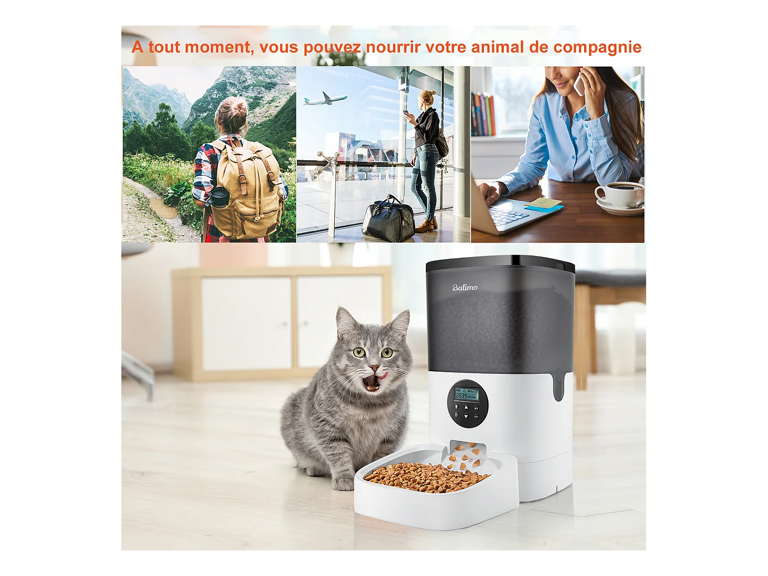 LCD Distributeur Croquettes 4L Balimo Chats/Chiens Distributeur Automatique de Nourriture Programmable 4 Repas/Jour Enregistreur 10s Vocal,Noir Blanc