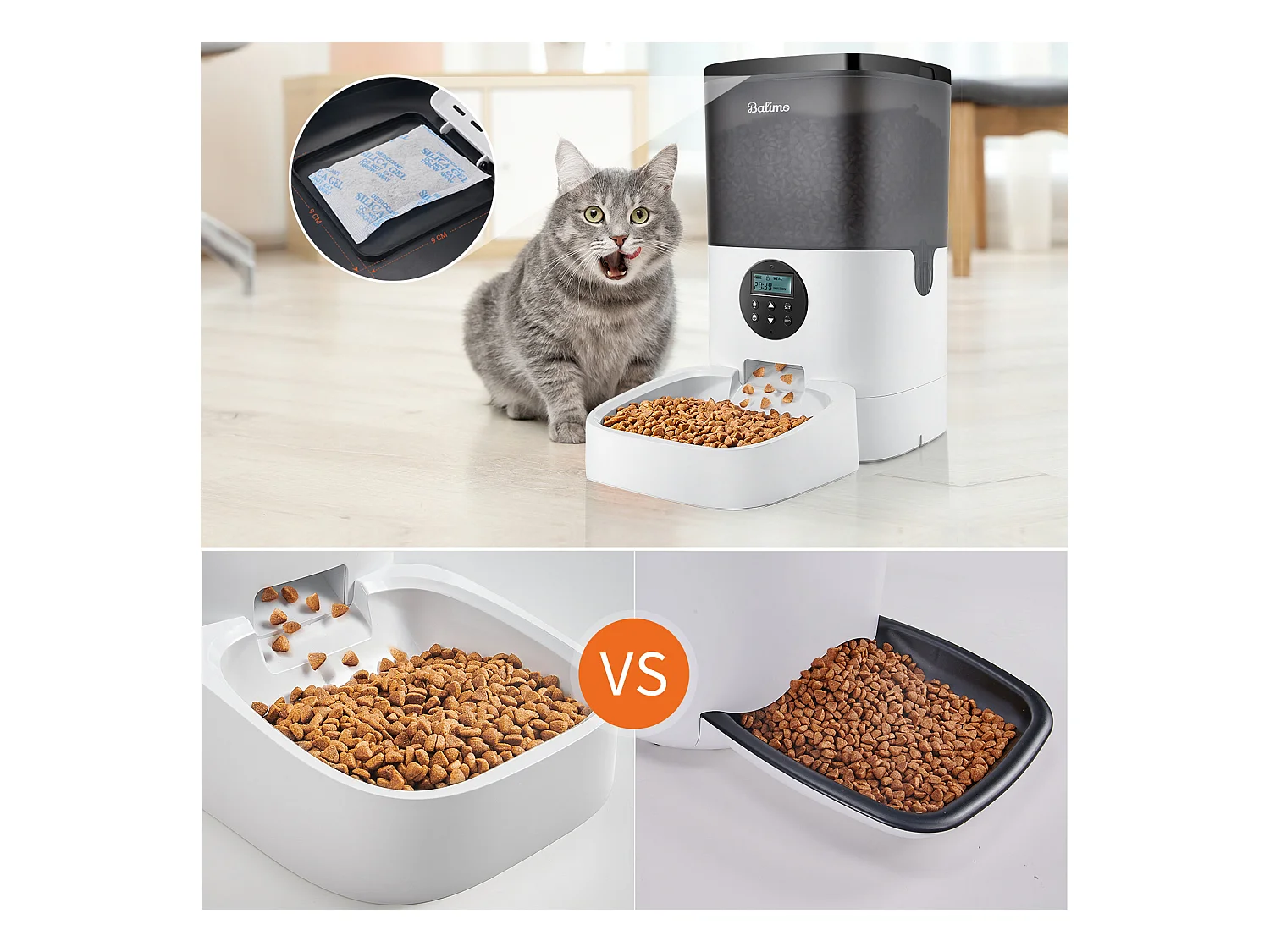 LCD Distributeur Croquettes 4L Balimo Chats/Chiens Distributeur Automatique de Nourriture Programmable 4 Repas/Jour Enregistreur 10s Vocal,Noir Blanc