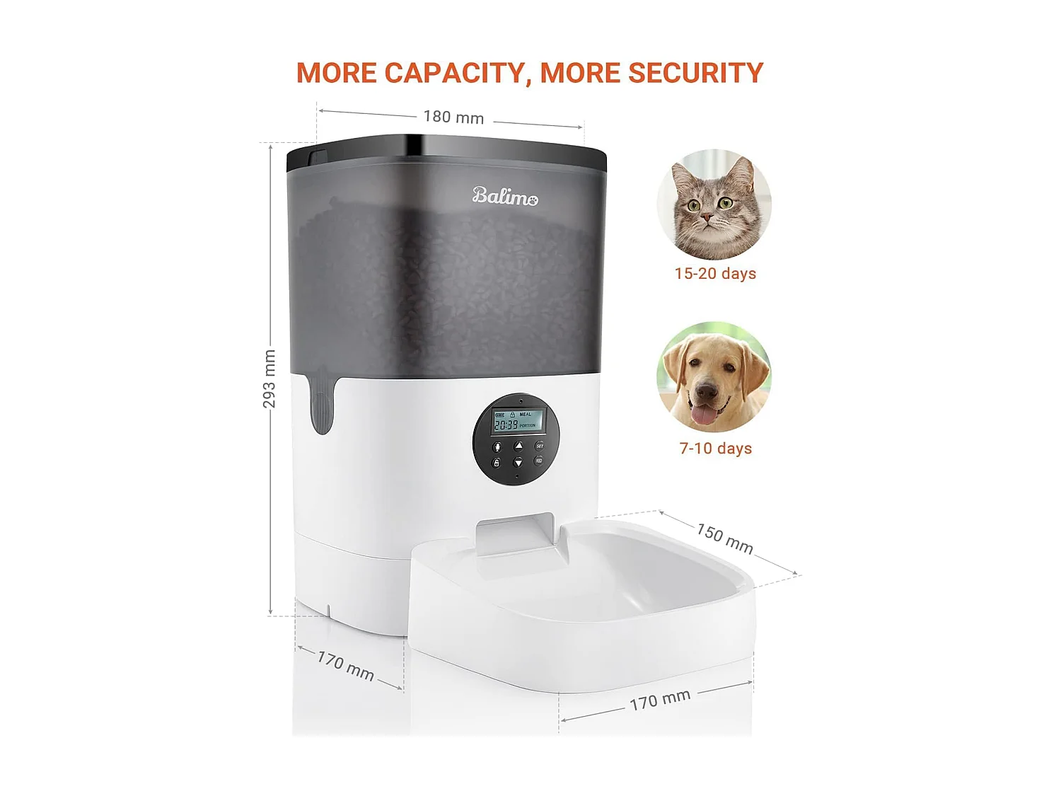 LCD Distributeur Croquettes 4L Balimo Chats/Chiens Distributeur Automatique de Nourriture Programmable 4 Repas/Jour Enregistreur 10s Vocal,Noir Blanc