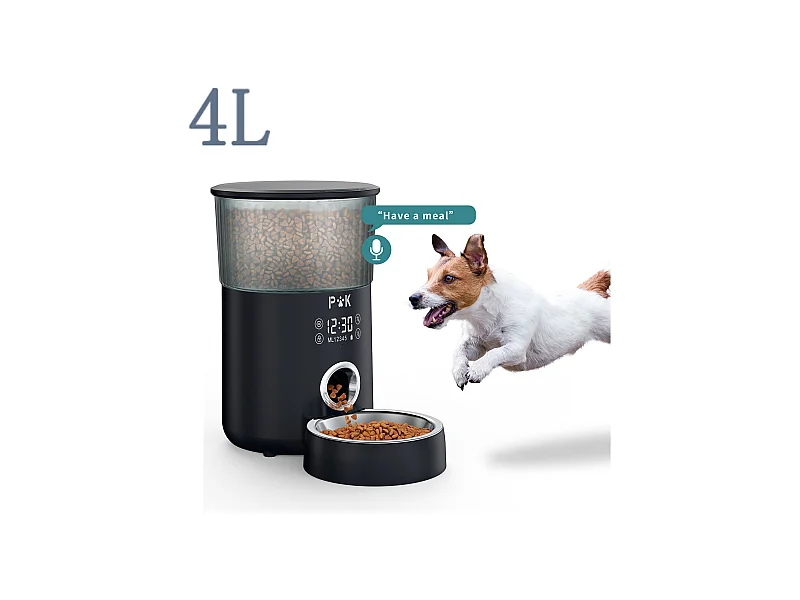 p&k LCD 4L Katzen-/Hundefutterspender, automatischer Futterspender mit Edelstahlnapf, Aufnahmefunktion, 5 Mahlzeiten/Tag, Schwarz