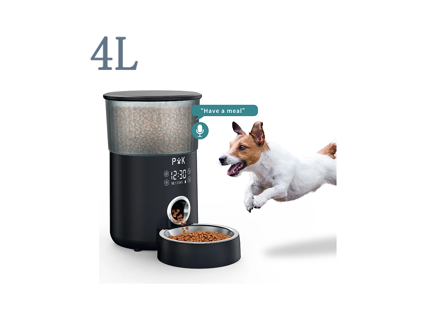 p&k LCD Distributeur Croquettes 4L Chats/Chiens  Distributeur Automatique de Nourriture avec Bol en Inox Fonction d'enregistrement 5 Repas/Jour,Noir