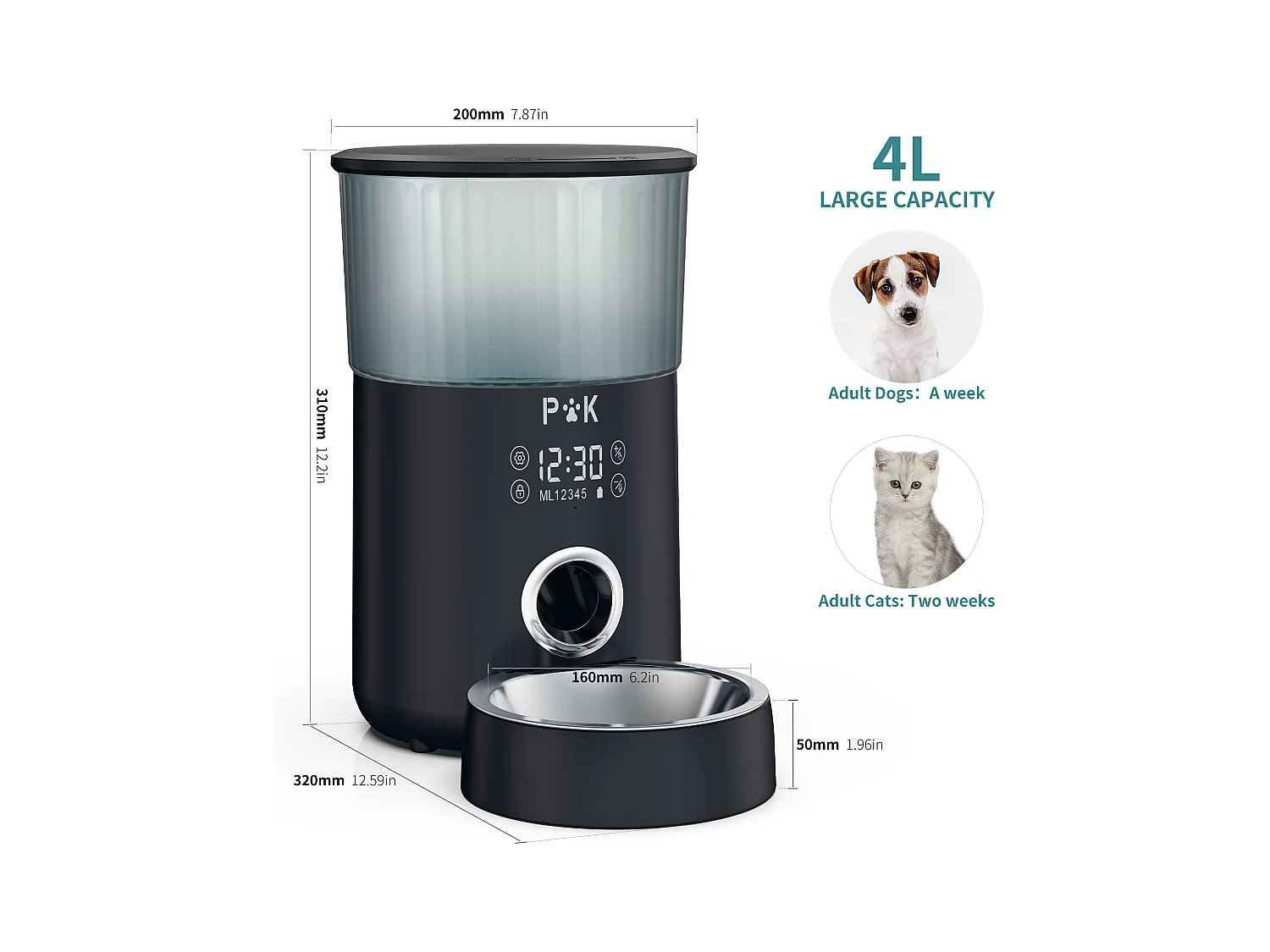 P&k LCD Droogvoer Dispenser 4L Katten/Honden Automatische Voedsel DispenserMet RVS Kom Opnamefunctie 5 Maaltijden/Dag,Zwart