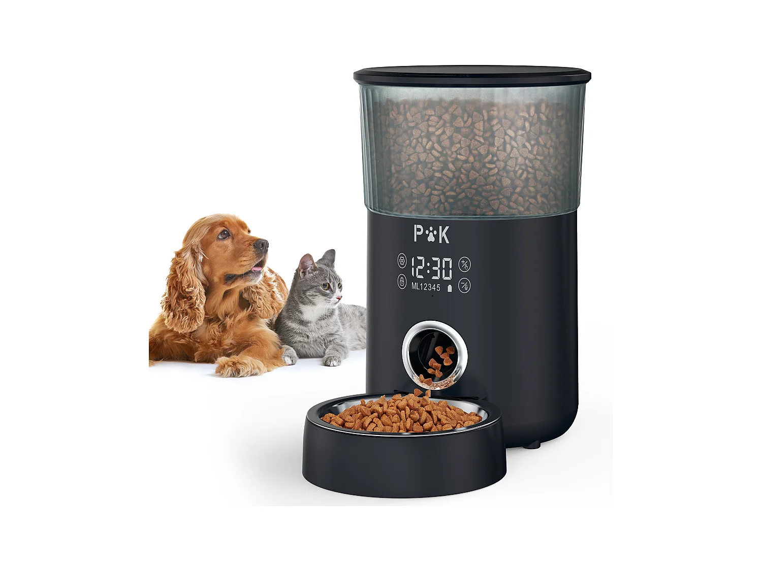 P&k LCD Droogvoer Dispenser 4L Katten/Honden Automatische Voedsel DispenserMet RVS Kom Opnamefunctie 5 Maaltijden/Dag,Zwart