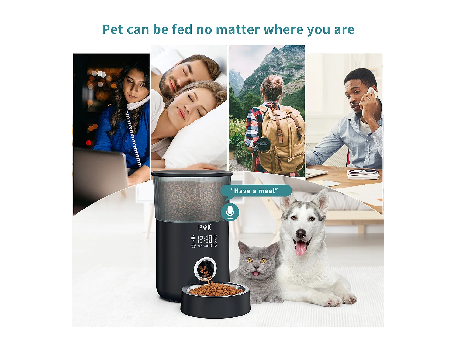 P&k LCD Droogvoer Dispenser 4L Katten/Honden Automatische Voedsel DispenserMet RVS Kom Opnamefunctie 5 Maaltijden/Dag,Zwart