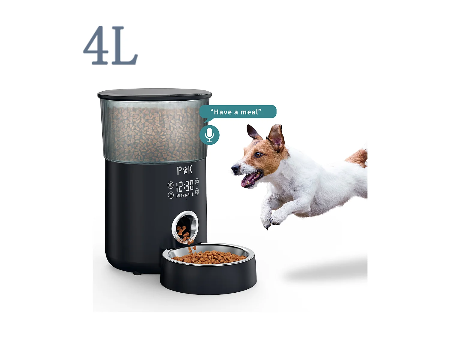 P&k LCD Droogvoer Dispenser 4L Katten/Honden Automatische Voedsel DispenserMet RVS Kom Opnamefunctie 5 Maaltijden/Dag,Zwart