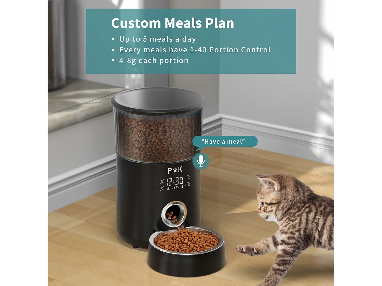 P&k LCD Droogvoer Dispenser 4L Katten/Honden Automatische Voedsel DispenserMet RVS Kom Opnamefunctie 5 Maaltijden/Dag,Zwart