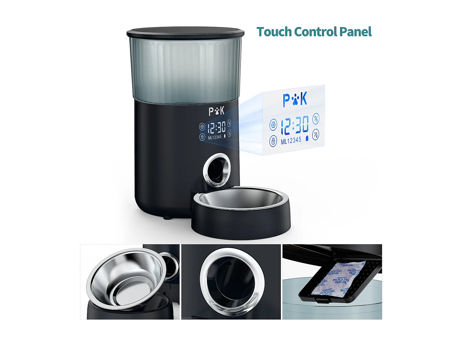 p&k LCD Distributeur Croquettes 4L Chats/Chiens  Distributeur Automatique de Nourriture avec Bol en Inox Fonction d'enregistrement 5 Repas/Jour,Noir