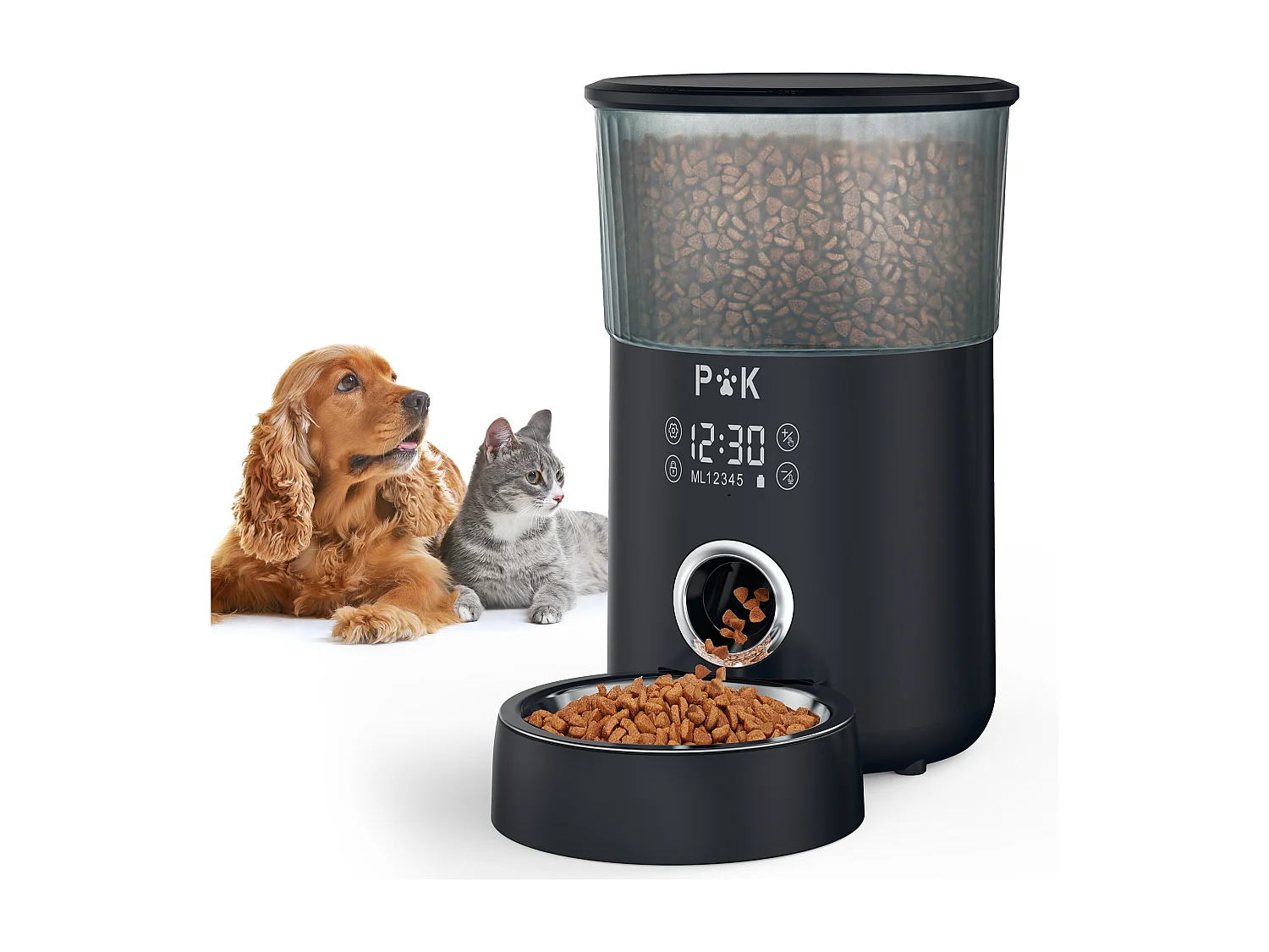 p&k LCD Distributeur Croquettes 4L Chats/Chiens  Distributeur Automatique de Nourriture avec Bol en Inox Fonction d'enregistrement 5 Repas/Jour,Noir