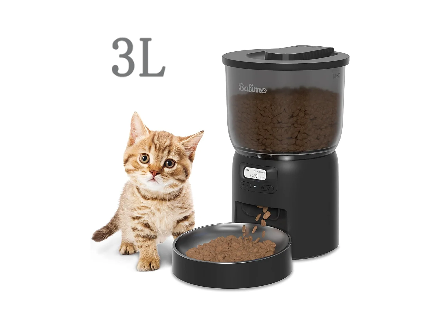 Balimo Dick 3L Distributeur Croquettes Chat Automatique,Minuterie Programmable/Fonction Enregistrement,avec Bol en Inox,Jusqu'à 6 Repas/Jour (Noir)