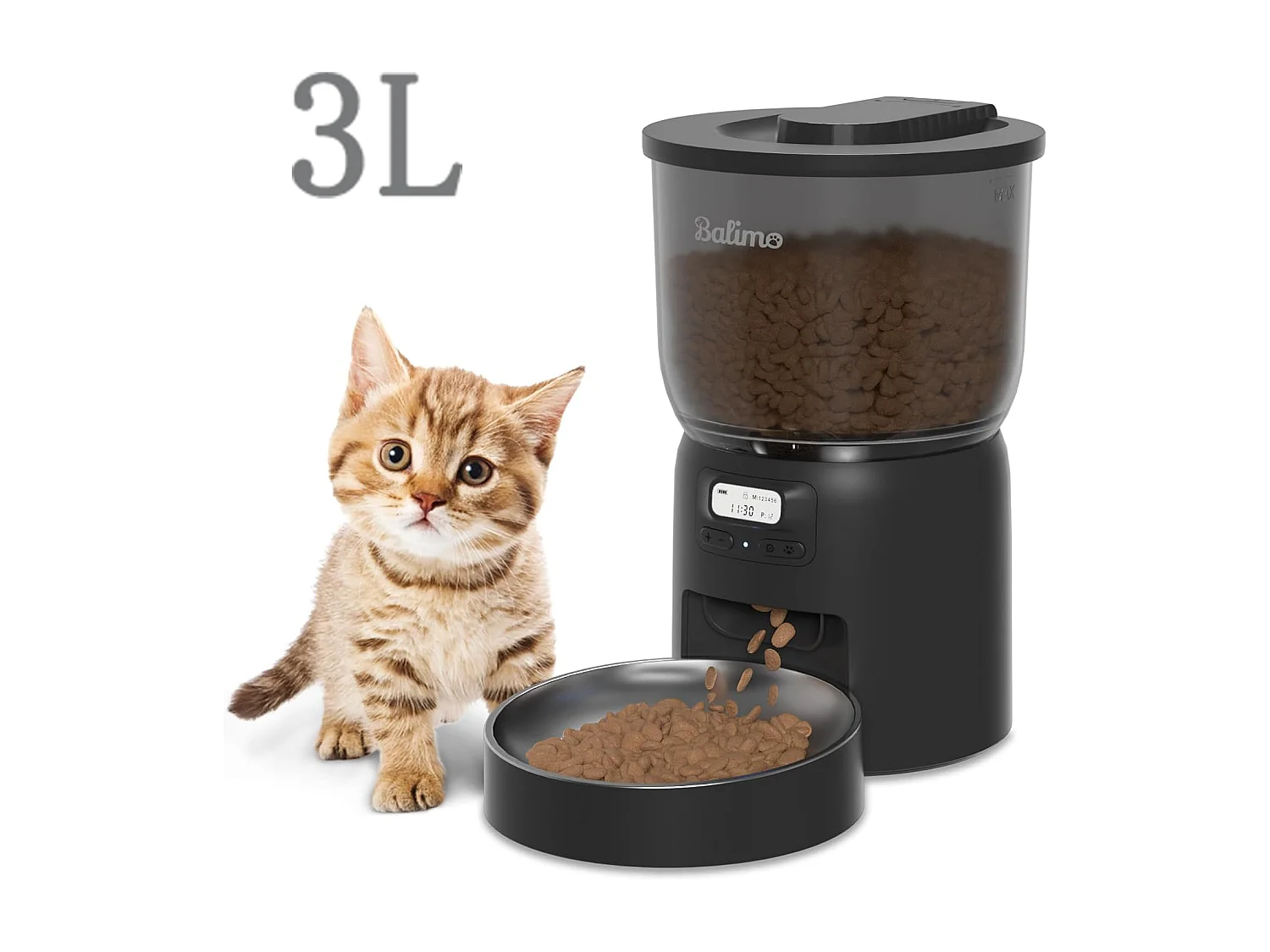 Balimo Dick 3L Distributeur Croquettes Chat Automatique,Minuterie Programmable/Fonction Enregistrement,avec Bol en Inox,Jusqu'à 6 Repas/Jour (Noir)