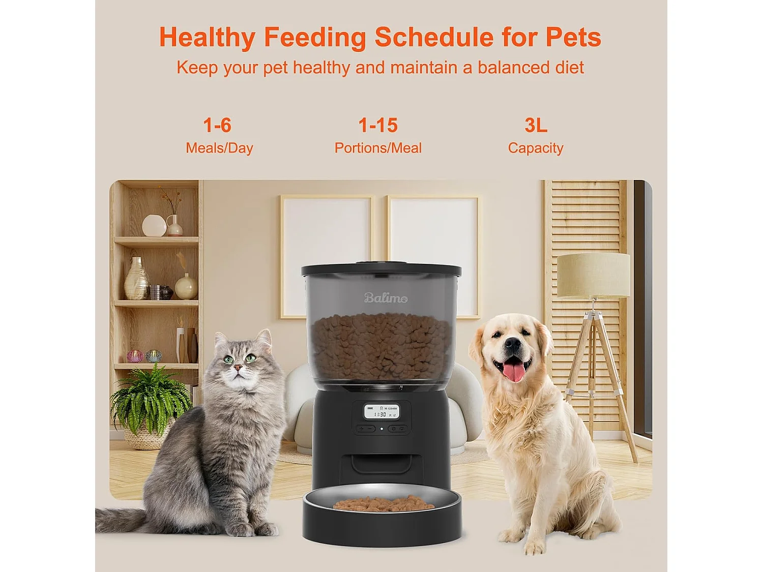 Balimo Dick 3L Distributeur Croquettes Chat Automatique,Minuterie Programmable/Fonction Enregistrement,avec Bol en Inox,Jusqu'à 6 Repas/Jour (Noir)