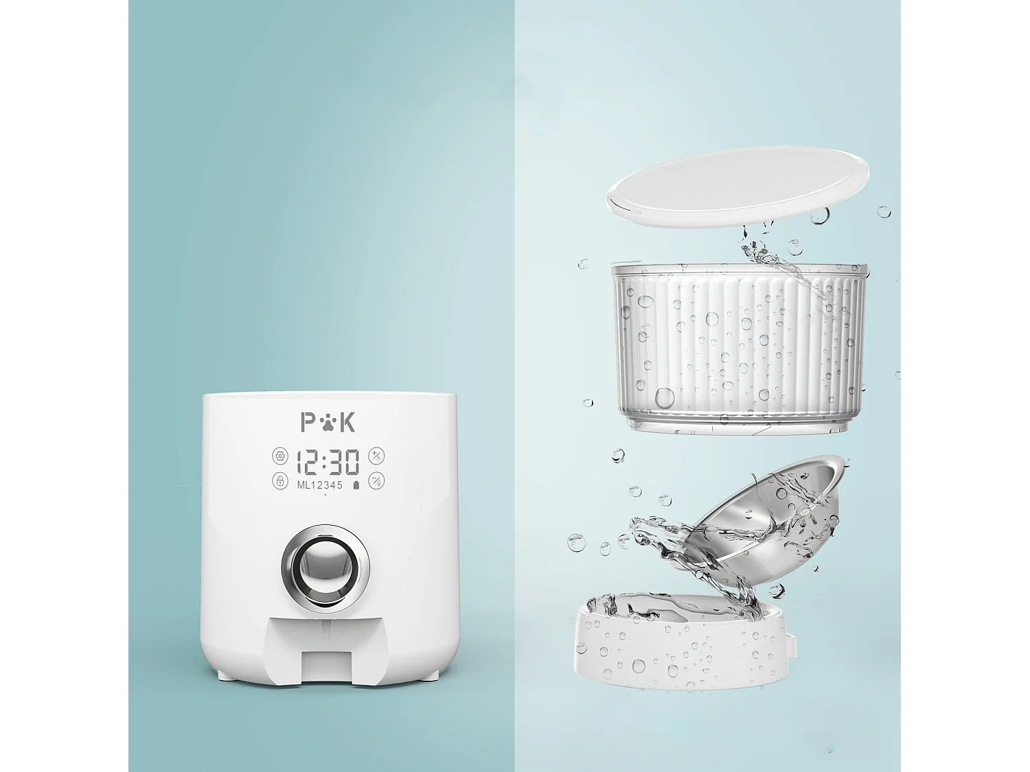 P&k M80 LCD 4L Droogvoer Dispenser voor Katten/Honden, met Roestvrijstalen Kom Registratiefunctie 5 Maaltijden Per Dag , Wit