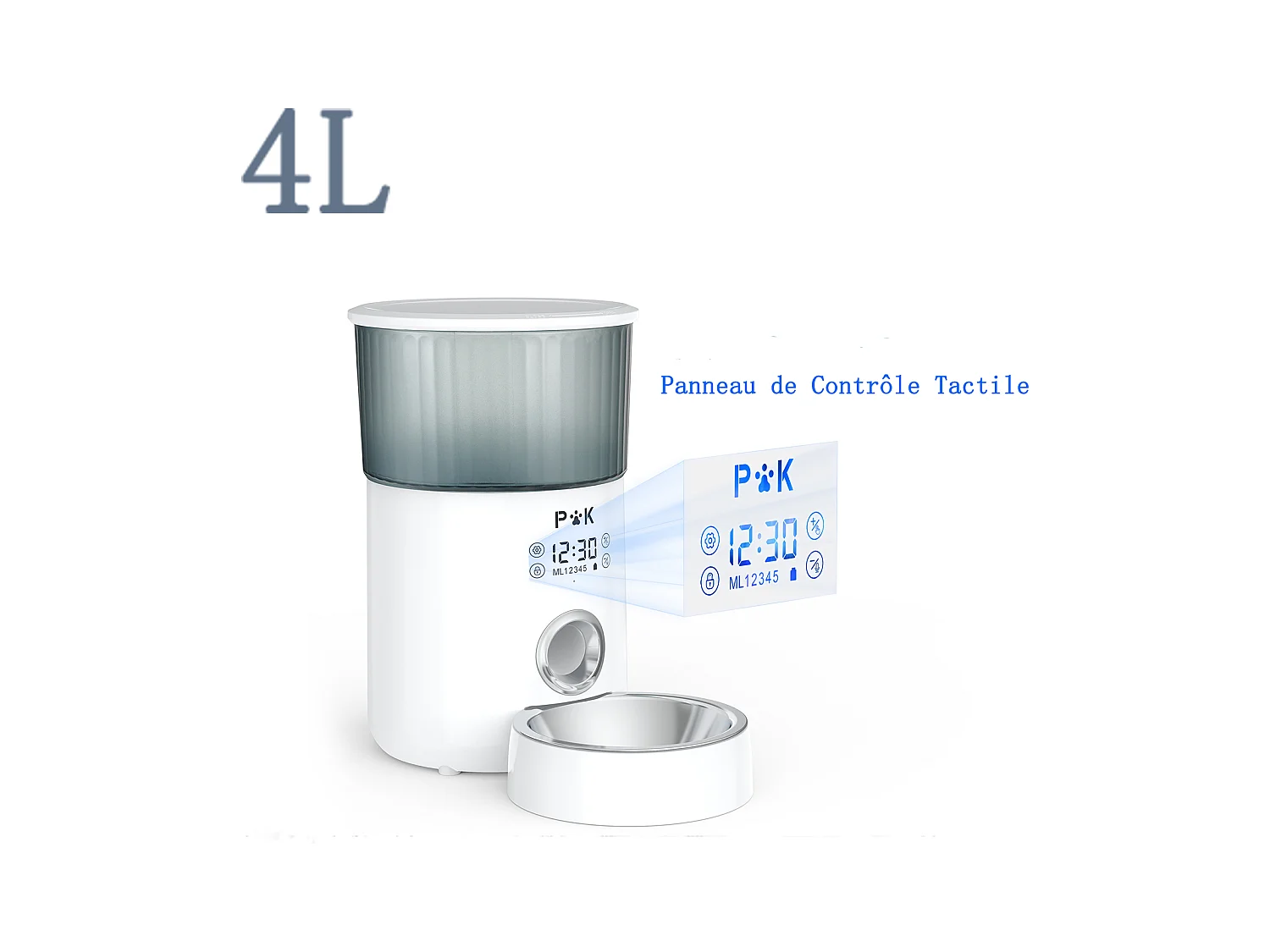 P&k M80 LCD Distribuidor de Croquetas 4L para Gatos/Perros, con Bol de Acero Inoxidable Función de Registro 5 Comidas por Día, Blanco