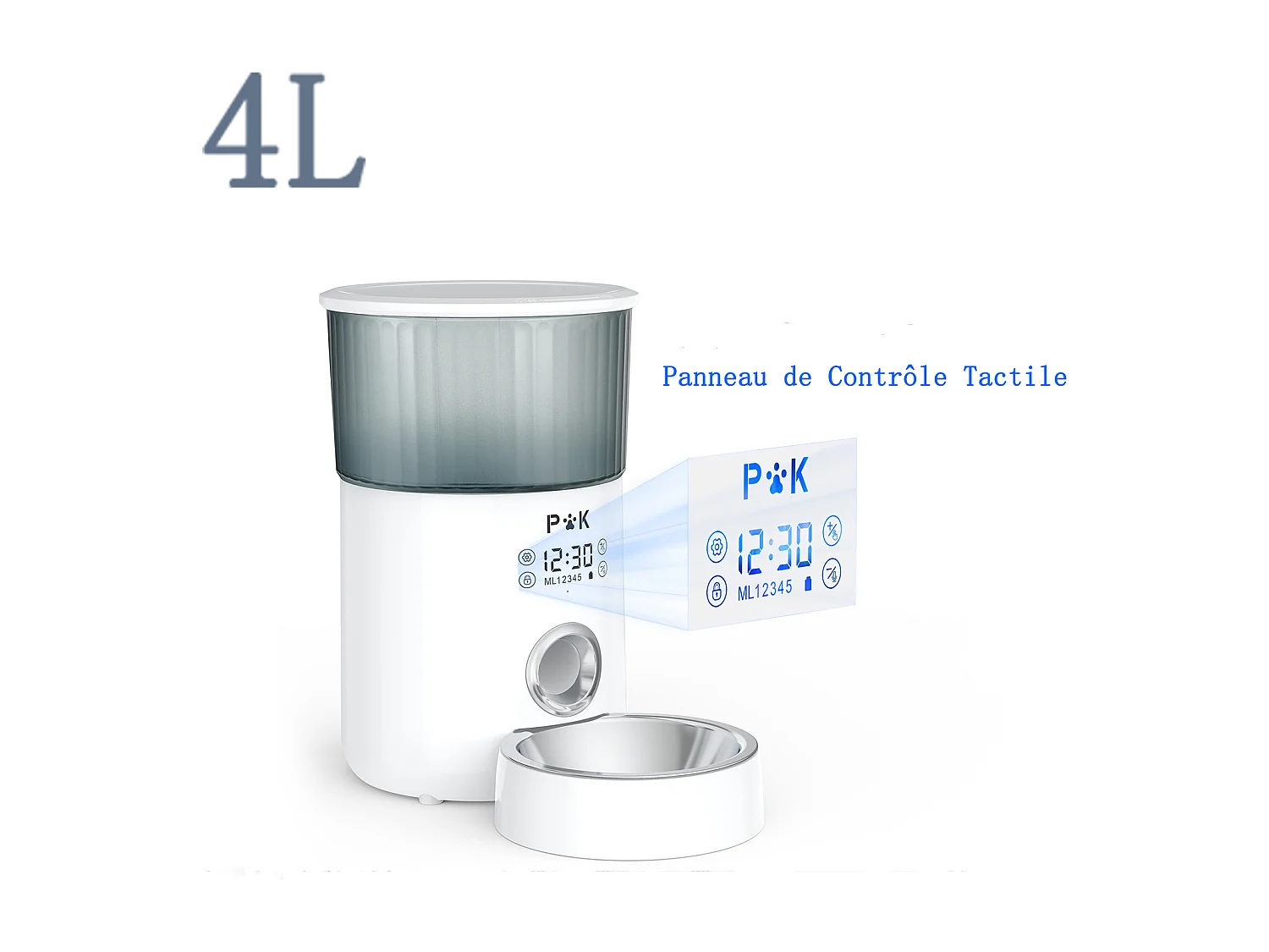 p&k M80 LCD Distributeur de Croquettes 4L pour Chats/Chiens, avec Bol en Acier Inoxydable Fonction d'enregistrement 5 Repas par Jour , Blanc