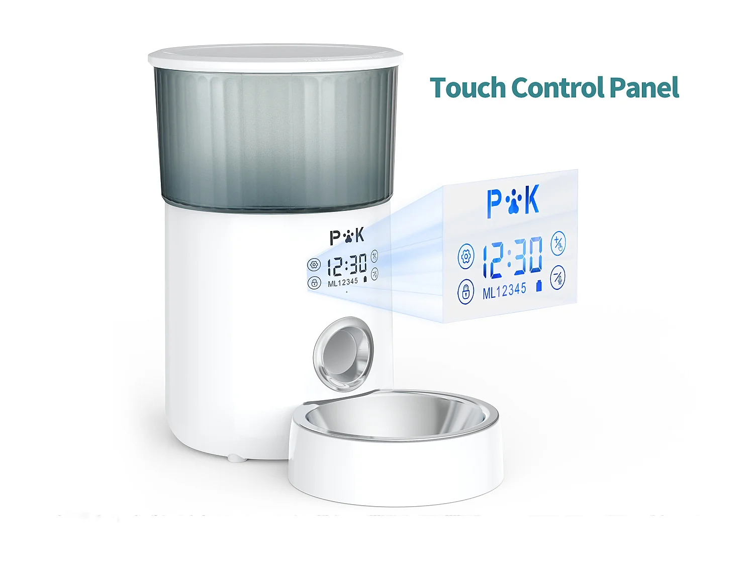 p&k M80 LCD Distributeur de Croquettes 4L pour Chats/Chiens, avec Bol en Acier Inoxydable Fonction d'enregistrement 5 Repas par Jour , Blanc