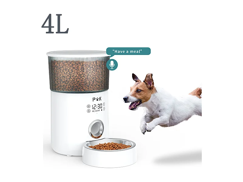 M80 LCD 4L Krokettenspender p&k Katzen/Hunde Automatischer Futterspender mit Edelstahlnapf F10S Sprachprogrammierbar 5 Mahlzeiten/Tag, Weiß