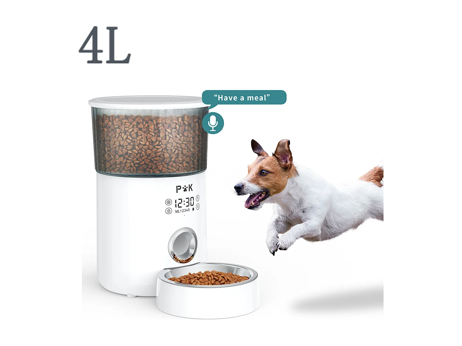 M80 LCD 4L Krokettenspender p&k Katzen/Hunde Automatischer Futterspender mit Edelstahlnapf F10S Sprachprogrammierbar 5 Mahlzeiten/Tag, Weiß