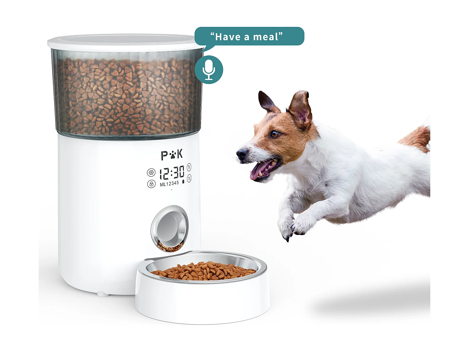 M80 LCD 4L Krokettenspender p&k Katzen/Hunde Automatischer Futterspender mit Edelstahlnapf F10S Sprachprogrammierbar 5 Mahlzeiten/Tag, Weiß