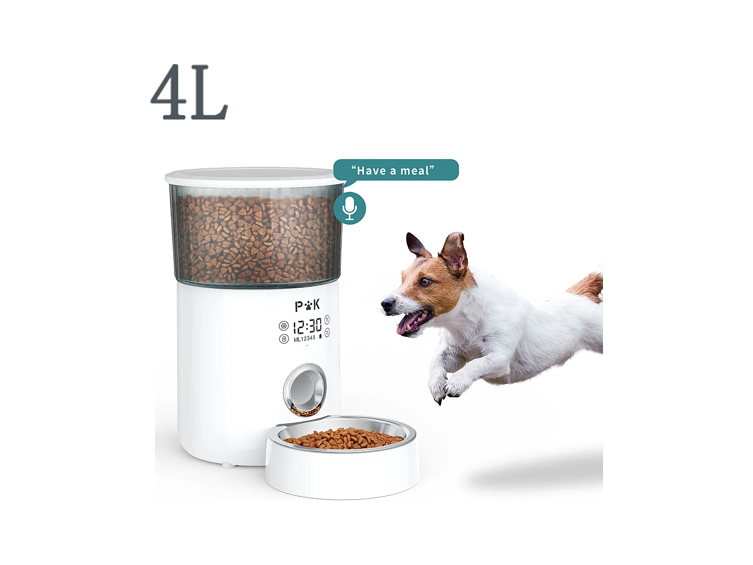 M80 LCD Distributeur de Croquettes 4L p&k Chats/ Chiens  Distributeur Automatique  Nourriture avec Bol Inox F10S Vocal Programmable 5Repas/Jour,Blanc