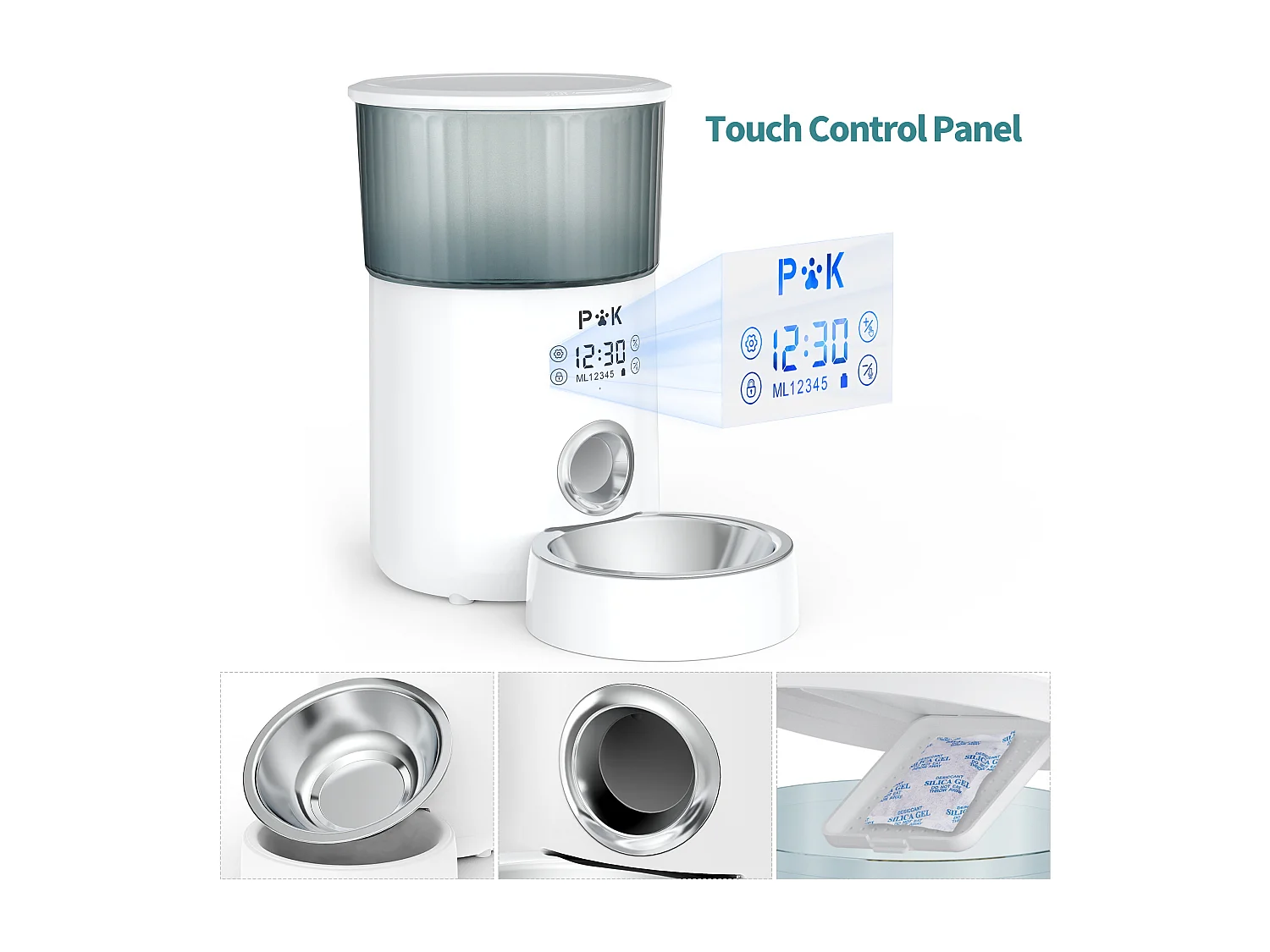 M80 LCD Distribuidor de Croquetas4L p&k Gatos/ Perros Dispensador Automático de Alimentos con Bol Inox F10S Vocal Programable 5Repas/Día,Blanco