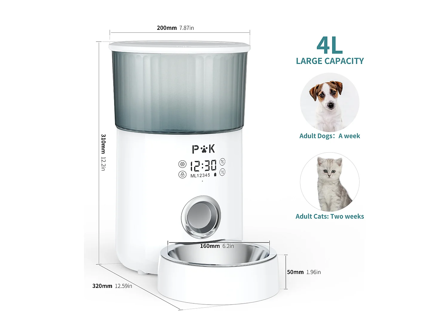 M80 LCD Distribuidor de Croquetas4L p&k Gatos/ Perros Dispensador Automático de Alimentos con Bol Inox F10S Vocal Programable 5Repas/Día,Blanco