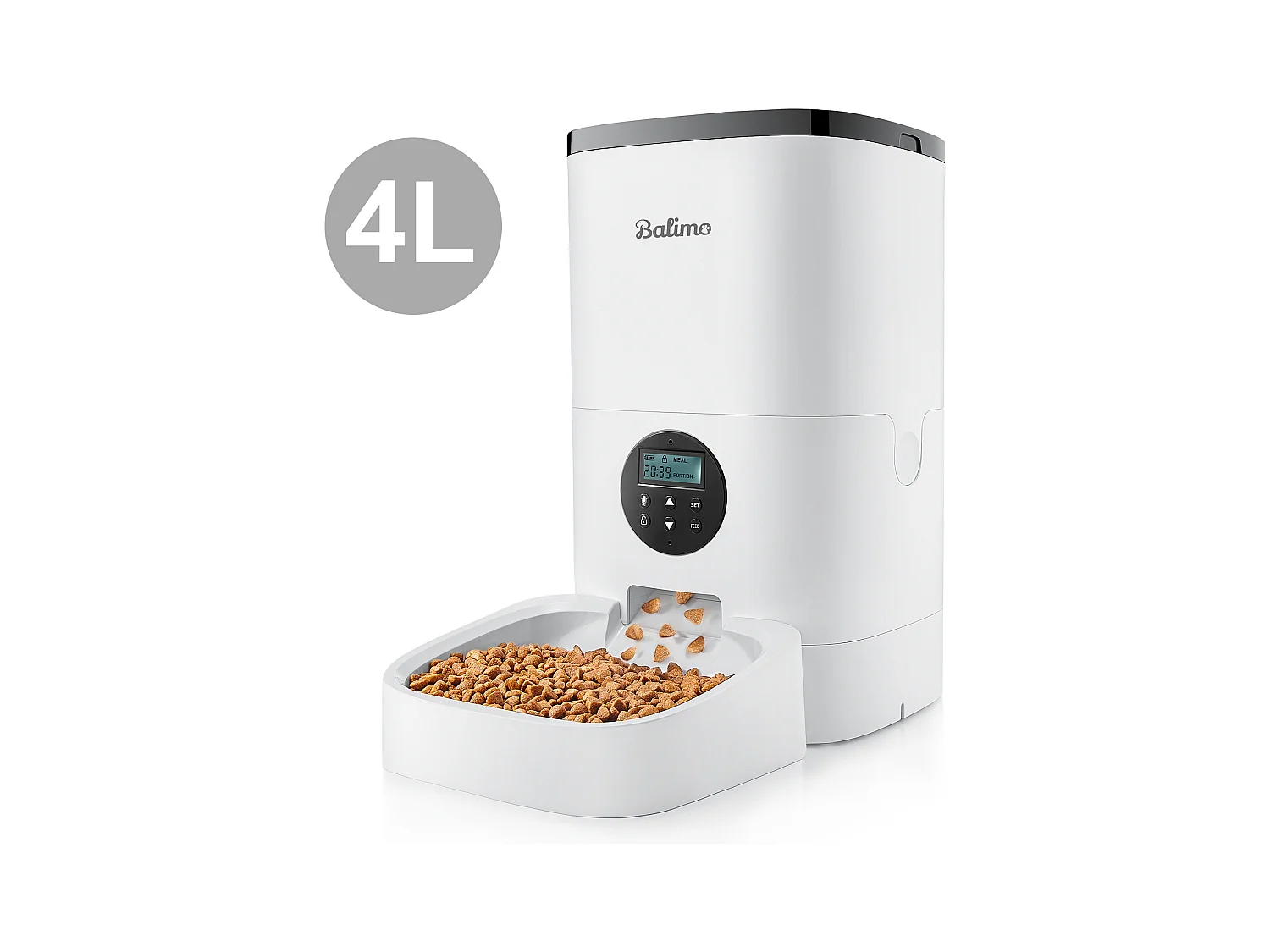 4L Balimo Distributeur Automatique de Nourriture pour Chat et Chien, Distributeur de Croquette Gamelle 4 Repas par Jour Avec LED écran