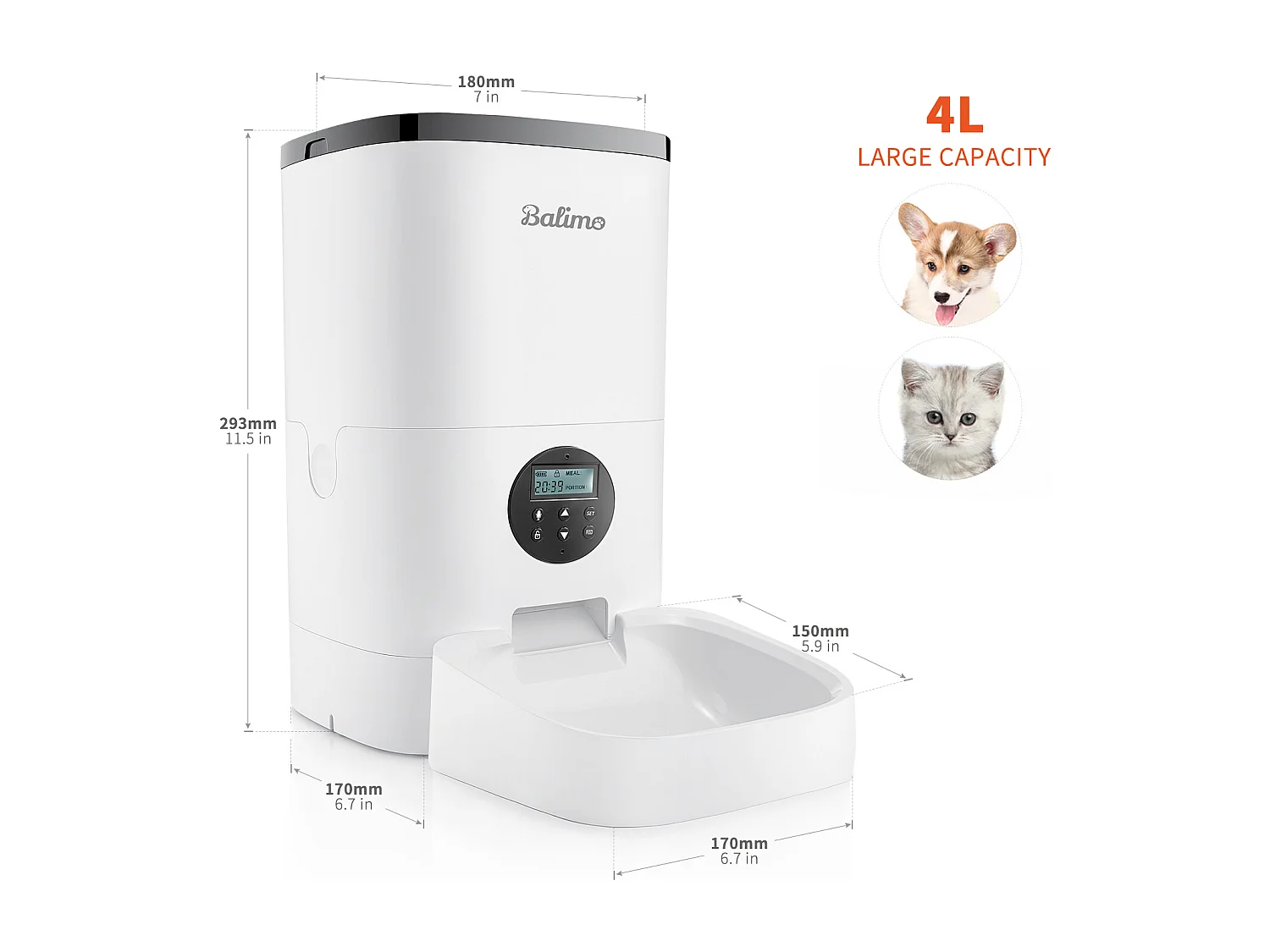 4L Balimo Distributeur Automatique de Nourriture pour Chat et Chien, Distributeur de Croquette Gamelle 4 Repas par Jour Avec LED écran