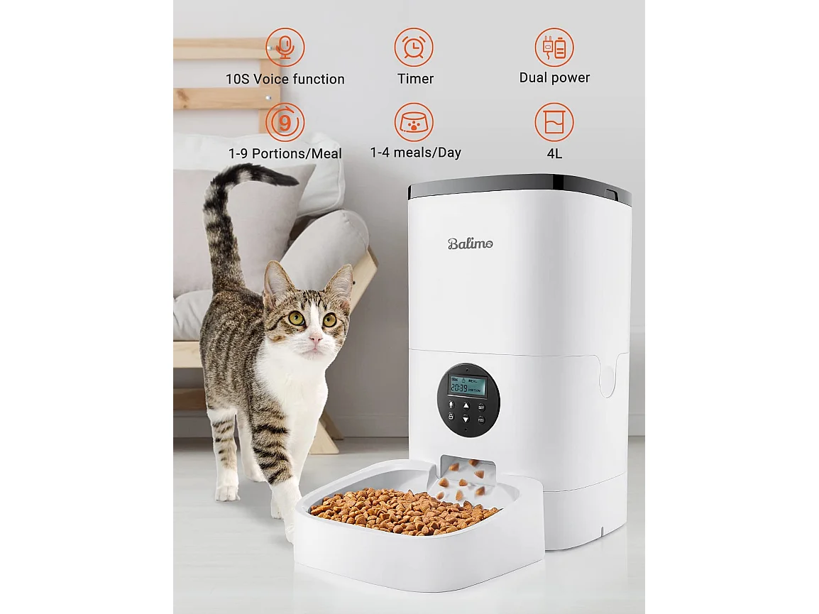 4L Balimo Distributeur Automatique de Nourriture pour Chat et Chien, Distributeur de Croquette Gamelle 4 Repas par Jour Avec LED écran