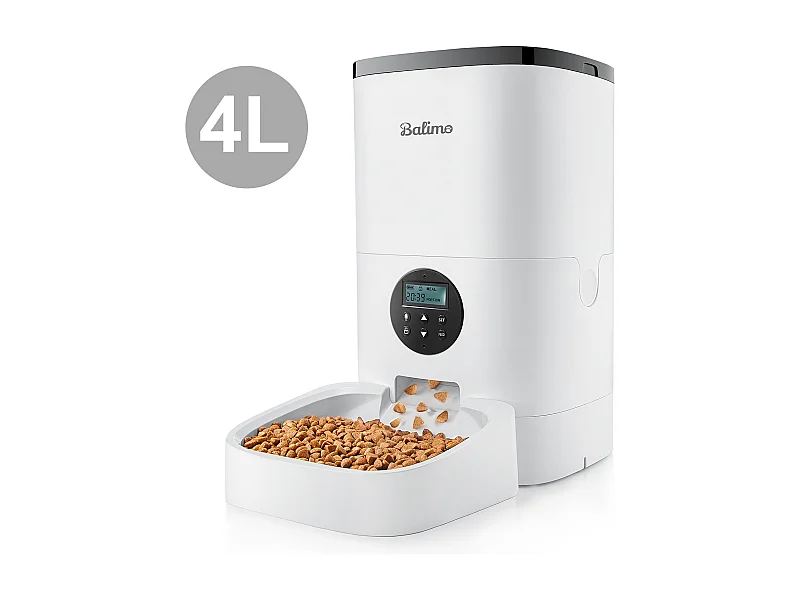 4L Balimo Distributeur Automatique de Nourriture pour Chat et Chien, Distributeur de Croquette Gamelle 4 Repas par Jour Avec LED écran