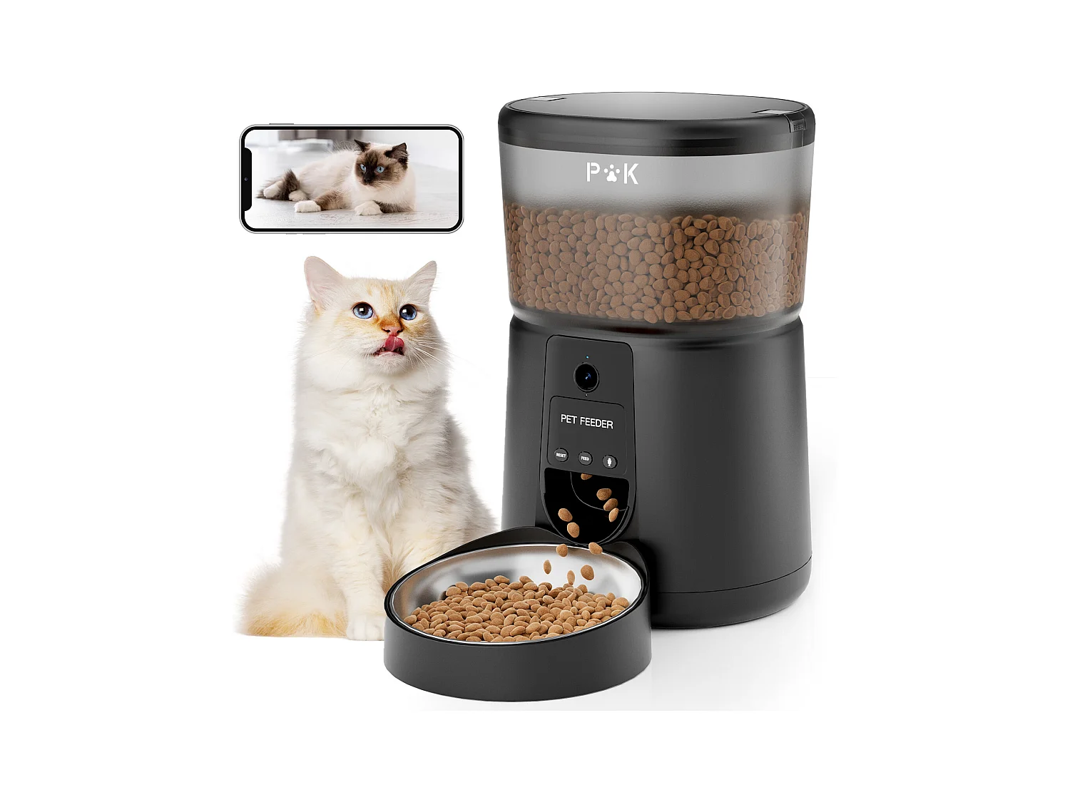Distributeur Croquettes Chat Automatique, 4L Mangeoire Automatique pour Chat avec Caméra 1080P 2,4 G WiFi Enregistrement Vocal (Noir)