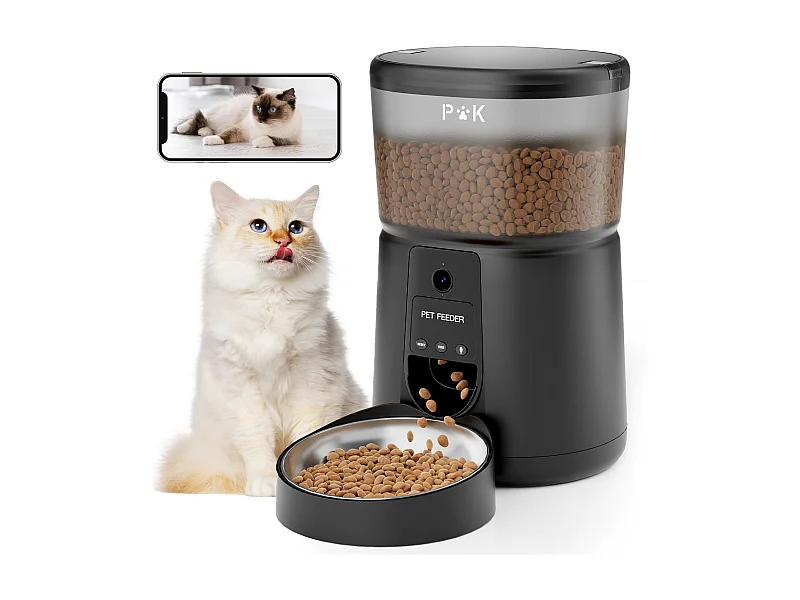 Distributeur Croquettes Chat Automatique, 4L Mangeoire Automatique pour Chat avec Caméra 1080P 2,4 G WiFi Enregistrement Vocal (Noir)