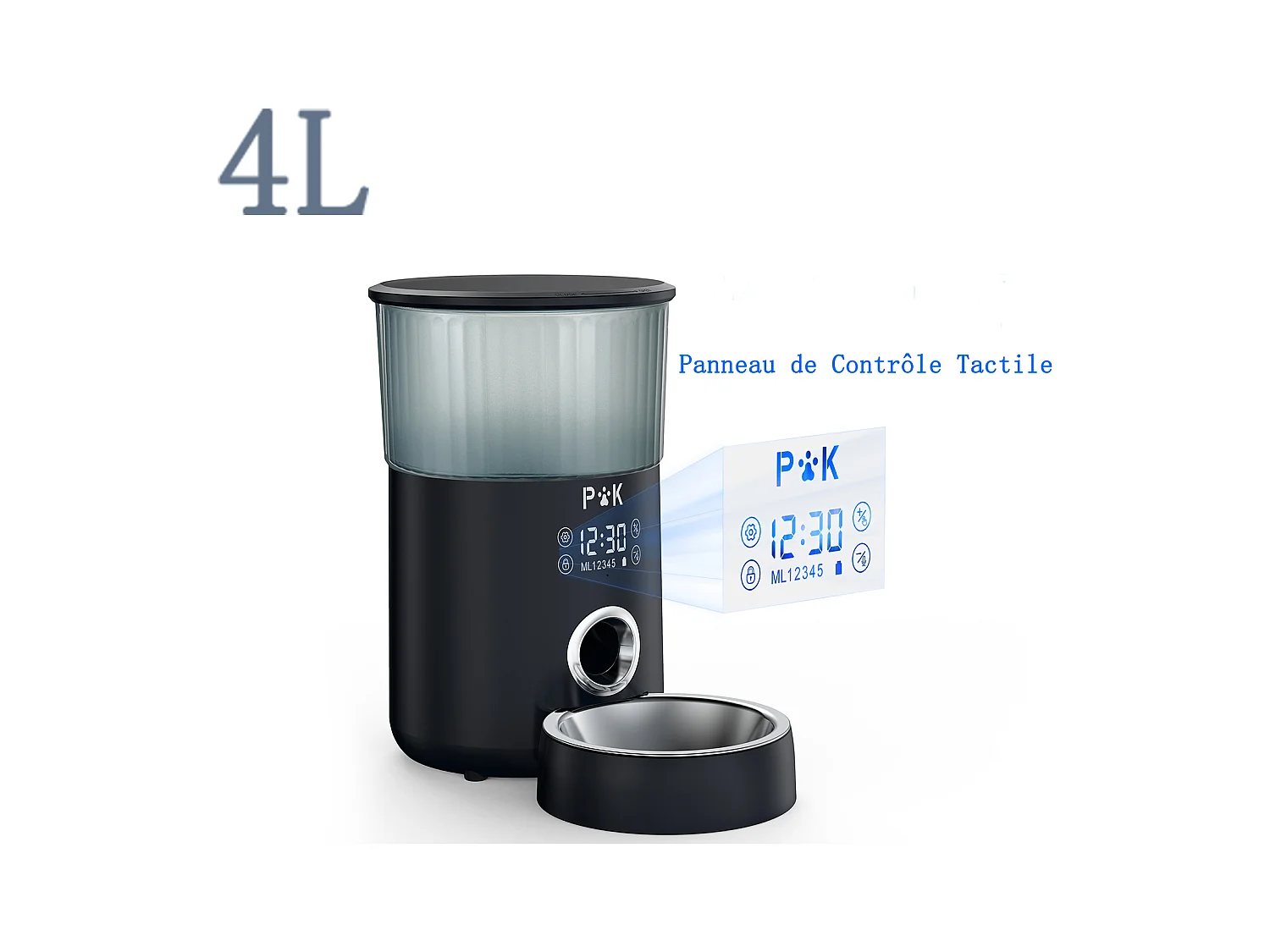 LCD 4L Katzen-/Hundefutterspender, Automatischer Futterspender mit Edelstahlnapf, Aufnahmefunktion, 5 Mahlzeiten pro Tag, Schwarz