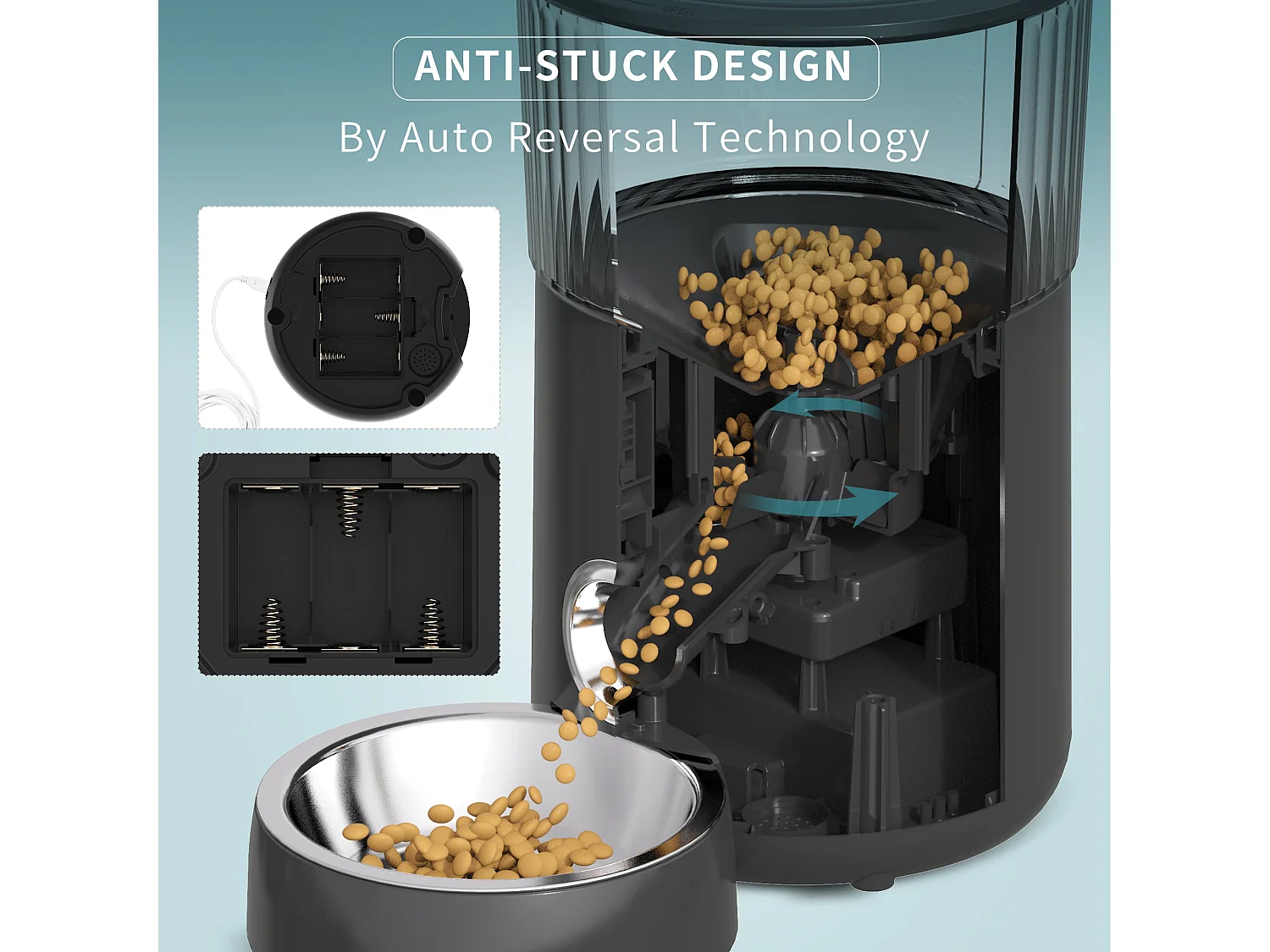 LCD 4L Katzen-/Hundefutterspender, Automatischer Futterspender mit Edelstahlnapf, Aufnahmefunktion, 5 Mahlzeiten pro Tag, Schwarz