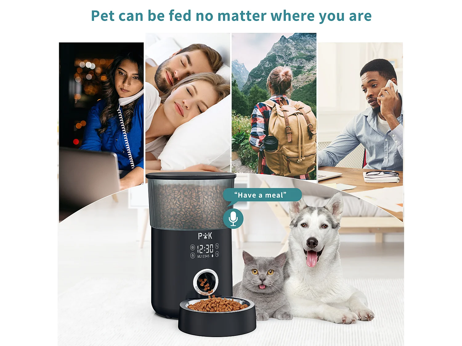 LCD 4L Katzen-/Hundefutterspender, Automatischer Futterspender mit Edelstahlnapf, Aufnahmefunktion, 5 Mahlzeiten pro Tag, Schwarz