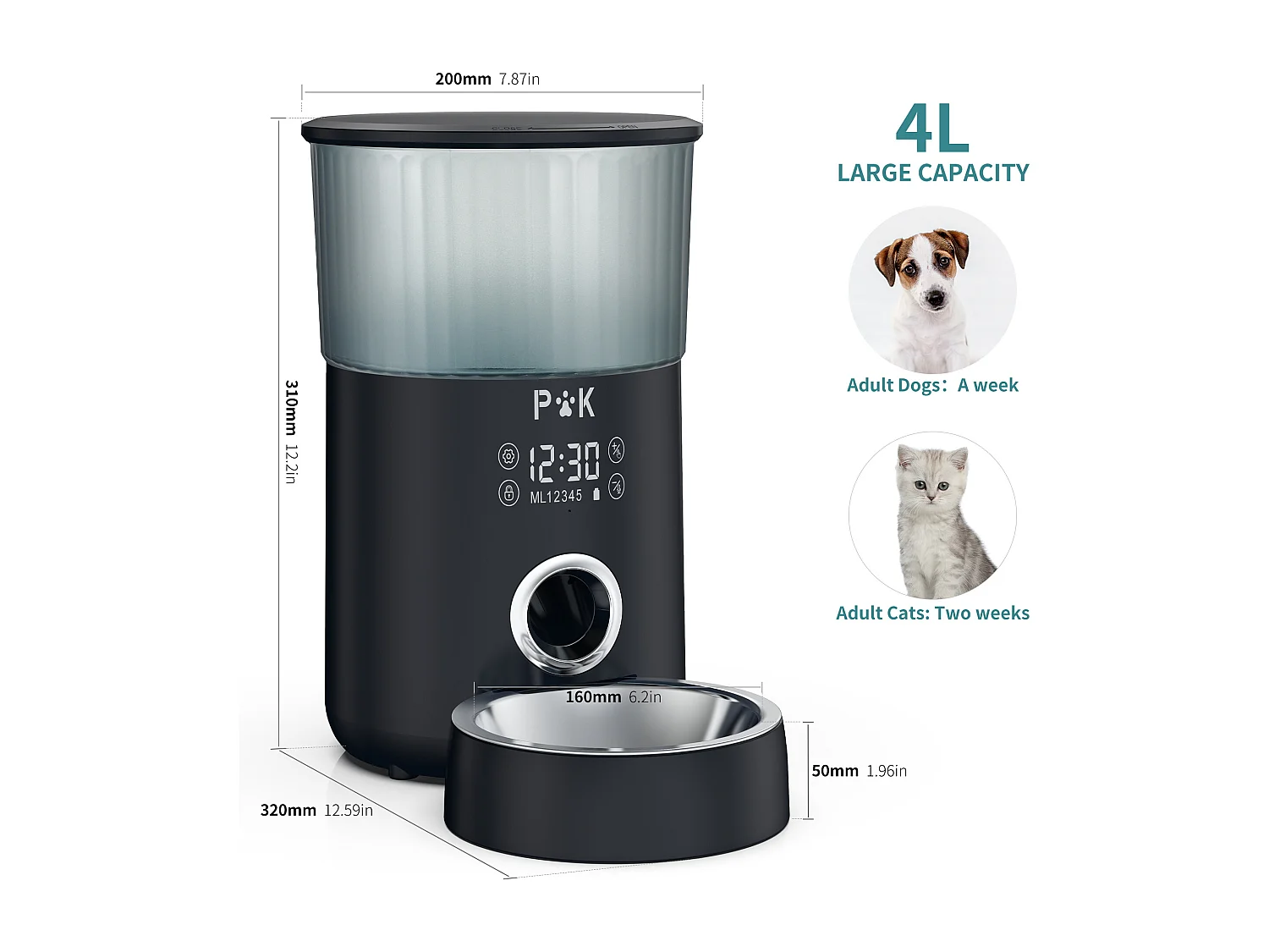 LCD 4L Katzen-/Hundefutterspender, Automatischer Futterspender mit Edelstahlnapf, Aufnahmefunktion, 5 Mahlzeiten pro Tag, Schwarz