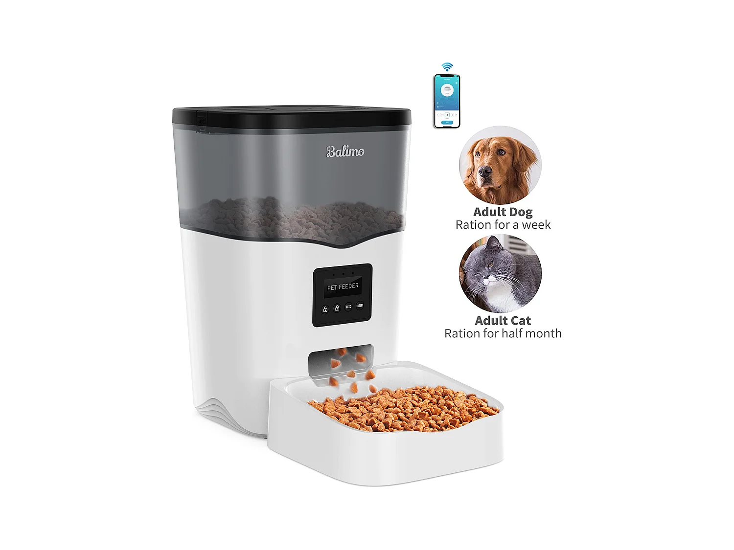 Balimo WIFI 3L Krokettenspender, Schwarz, für Katzen/Hunde, Handy-Fernbedienung, Strom-/Batterieadapter, Aufnahmefunktion