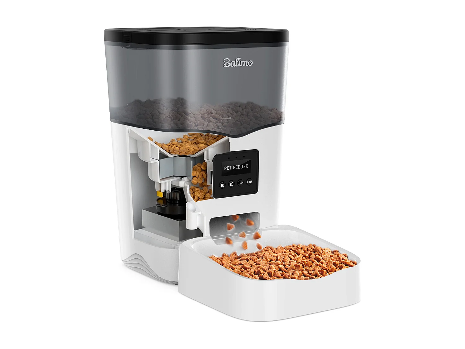 Balimo WIFI 3L Droogvoer Dispenser,Zwart,voor Katten/Honden Mobiele Telefoon Afstandsbediening,Stroomadapter/Batterij,Opname Functie