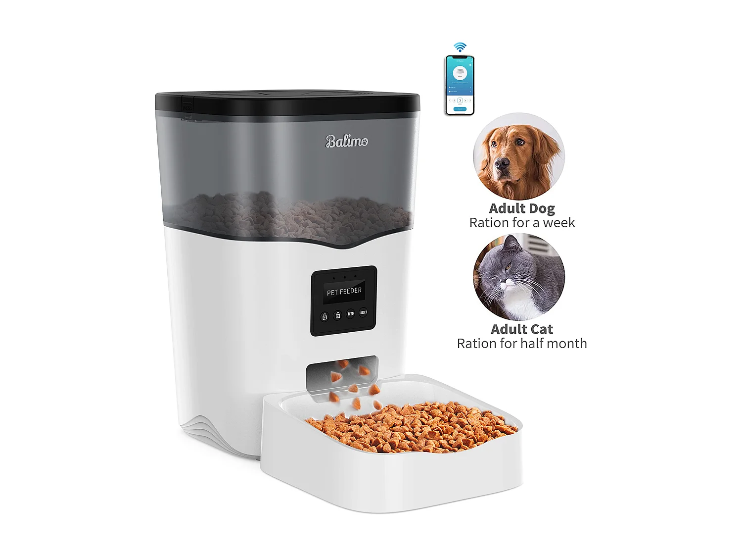 Balimo WIFI Distributeur Croquettes 3L,Noir,pour Chats/Chiens Télécommande téléphone portable,Adaptateur secteur/ batterie,fonction d'enregistrement