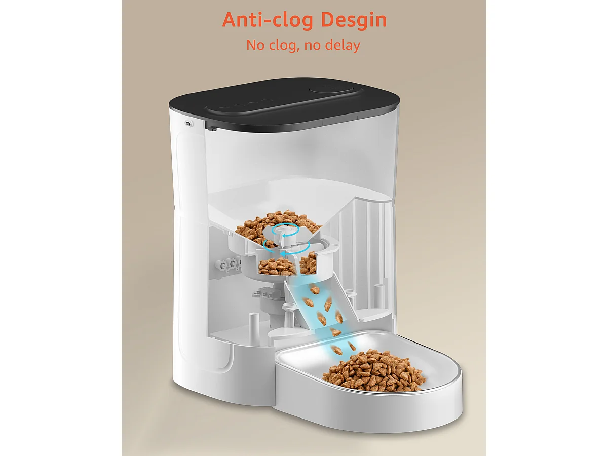 Dispensador de Comida Seca 3L para Perros y Gatos Dispensador Automático de Comida Blanco con Bol de Acero Inoxidable 6 Comidas al Día