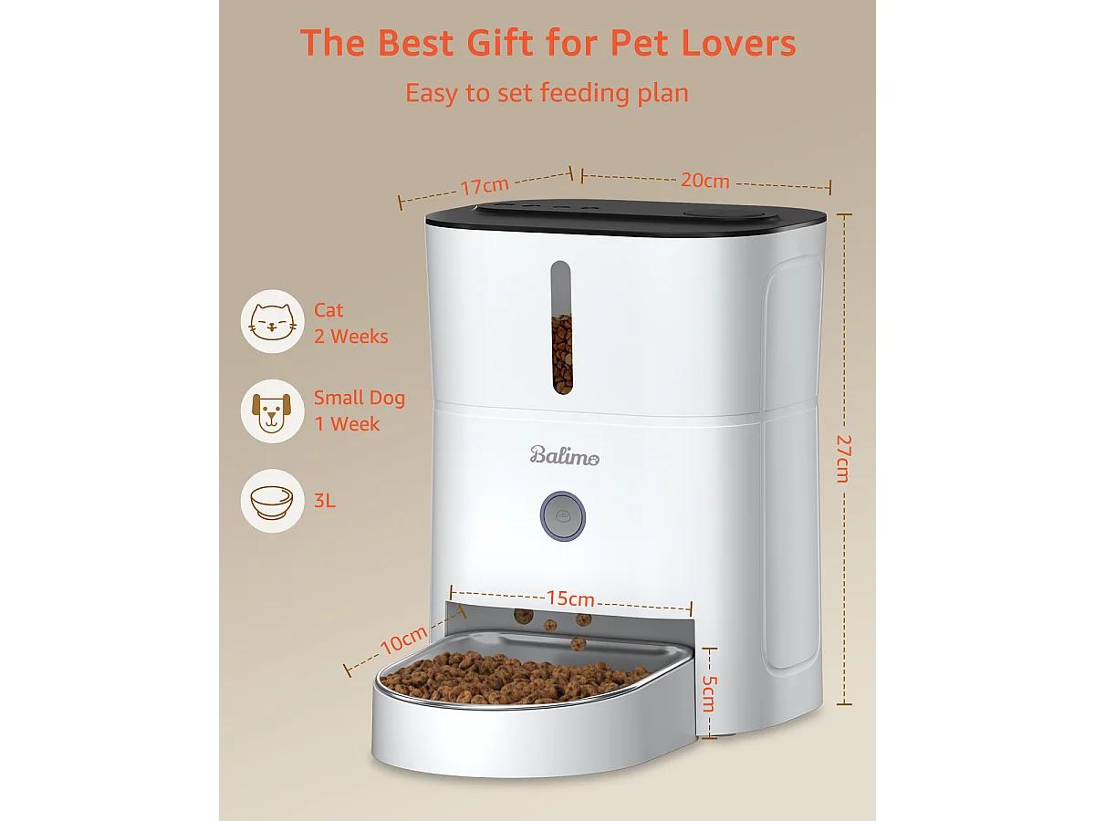 Dispensador de Comida Seca 3L para Perros y Gatos Dispensador Automático de Comida Blanco con Bol de Acero Inoxidable 6 Comidas al Día