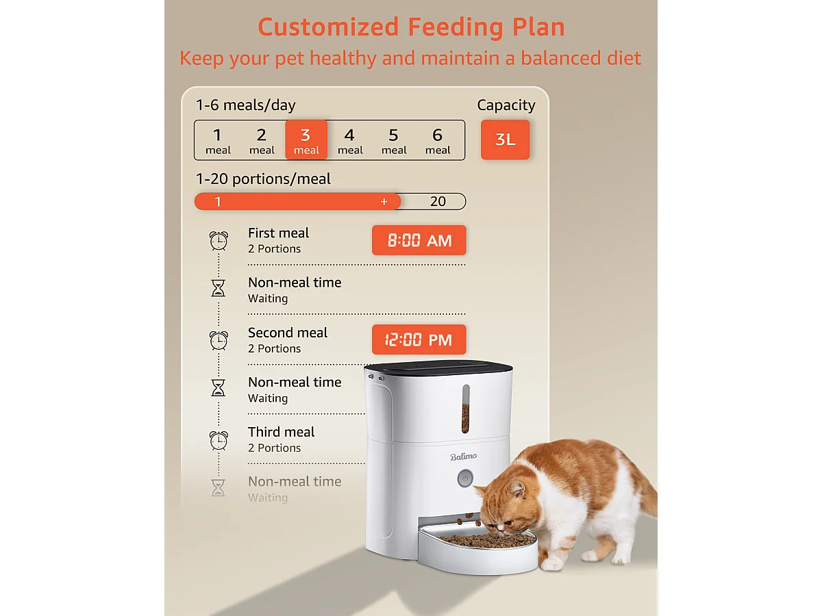 Dispensador de Comida Seca 3L para Perros y Gatos Dispensador Automático de Comida Blanco con Bol de Acero Inoxidable 6 Comidas al Día
