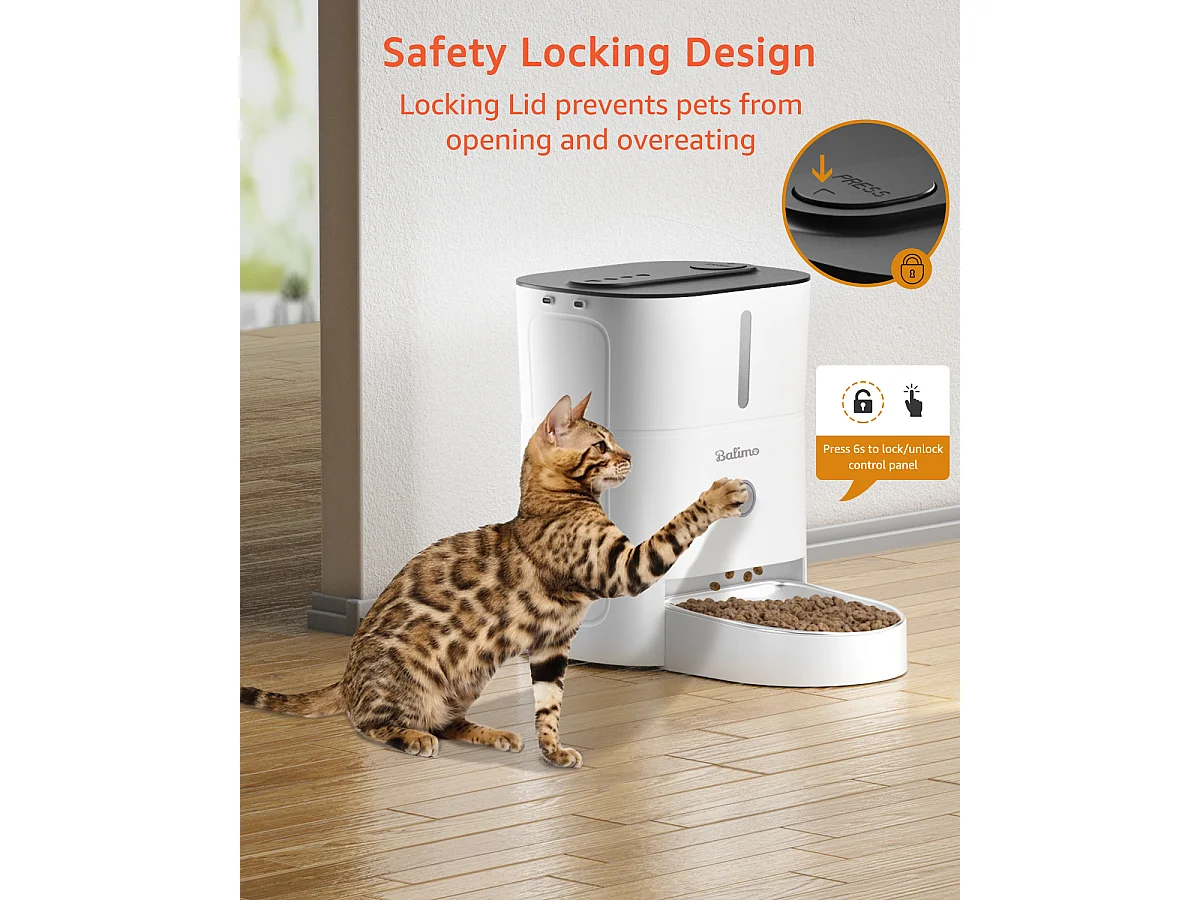 Dispensador de Comida Seca 3L para Perros y Gatos Dispensador Automático de Comida Blanco con Bol de Acero Inoxidable 6 Comidas al Día