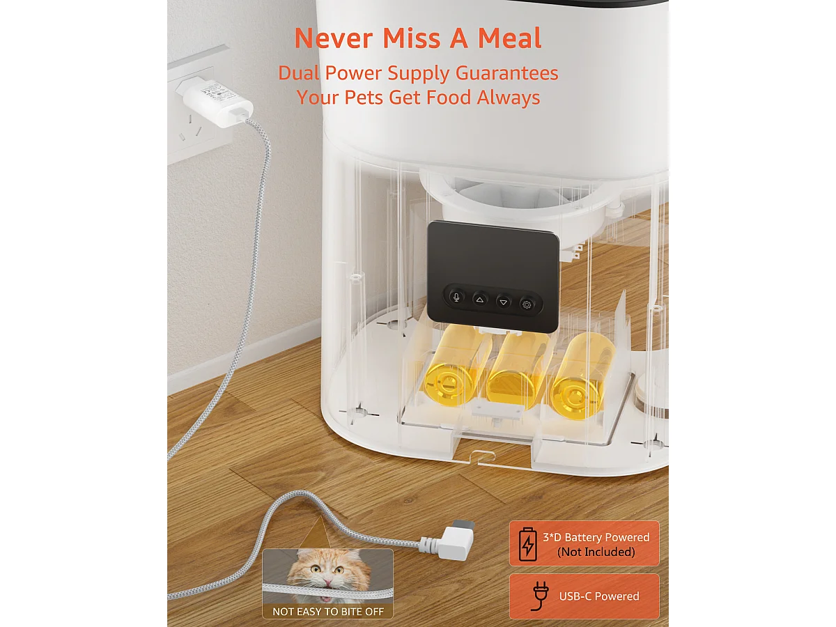 Dispensador de Comida Seca 3L para Perros y Gatos Dispensador Automático de Comida Blanco con Bol de Acero Inoxidable 6 Comidas al Día