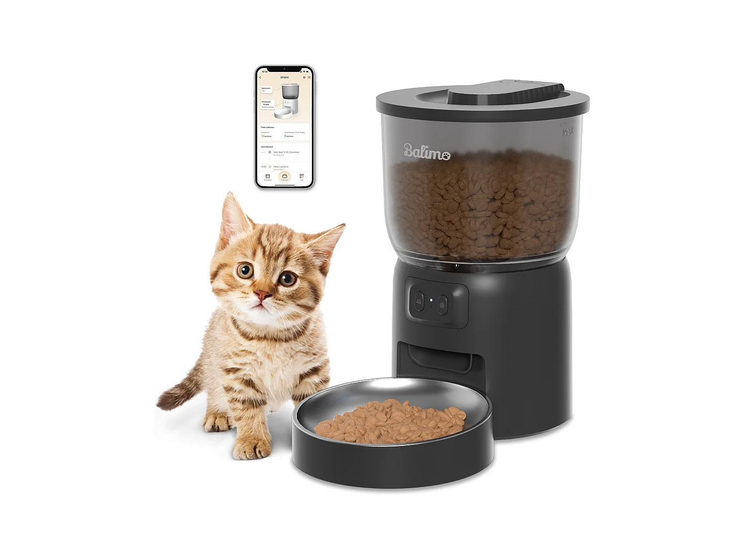 Balimo 3L Automatischer Katzenfutterspender, 2,4G WiFi, 1-10 Mahlzeiten pro Tag, Schwarz