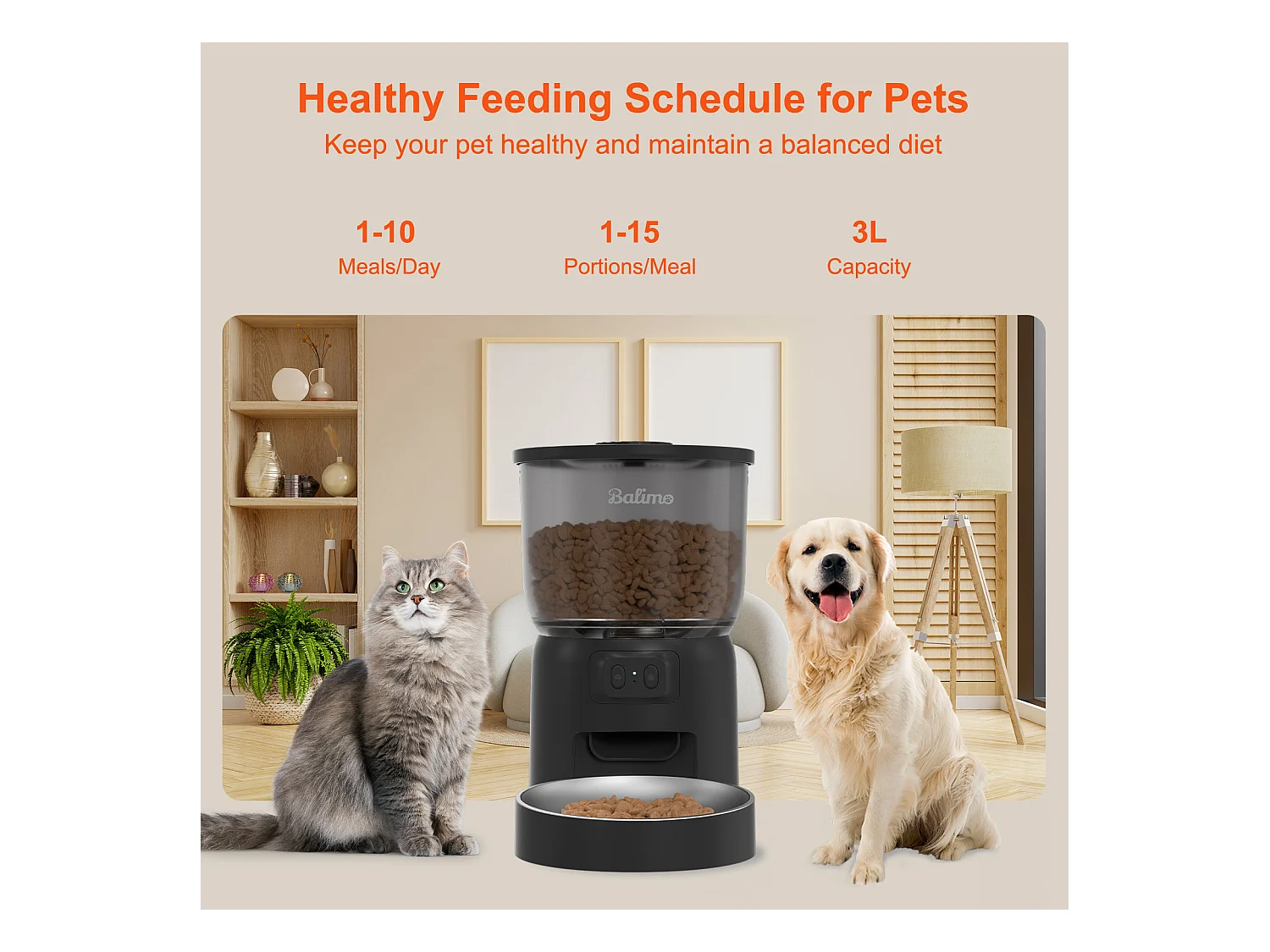 Balimo 3L Automatischer Katzenfutterspender, 2,4G WiFi, 1-10 Mahlzeiten pro Tag, Schwarz